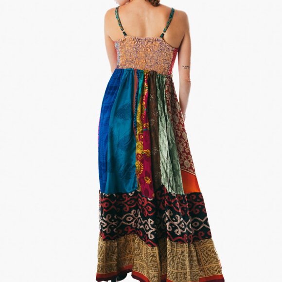Boho Hippie Patchwork Spaghetti Strap Long summer gypsie midi color Dress - Picture 3 of 5